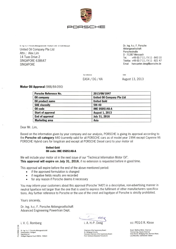 chứng nhận Porsche dầu nhớt ô tô gốc tổng hợp United Gold 5W40