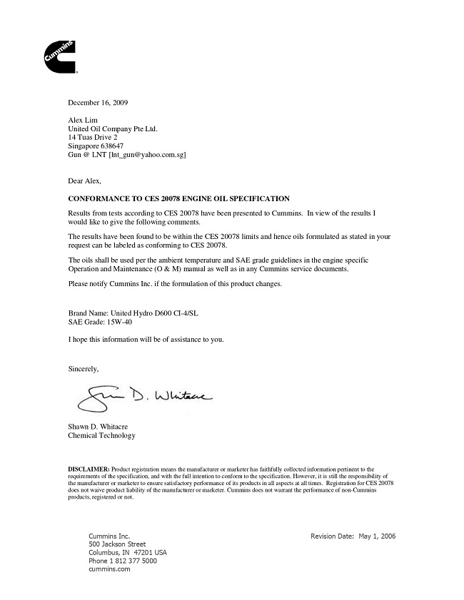 chấp thuận của Cummins đối với United Hydro 600
