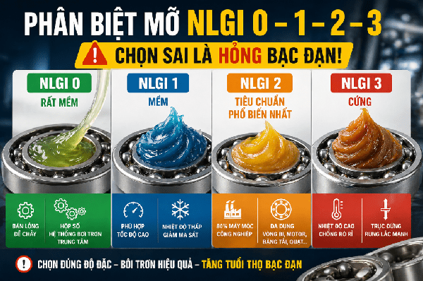 Phân biệt mỡ NLGI 0 – 1 – 2 – 3: Chọn sai là hỏng bạc đạn